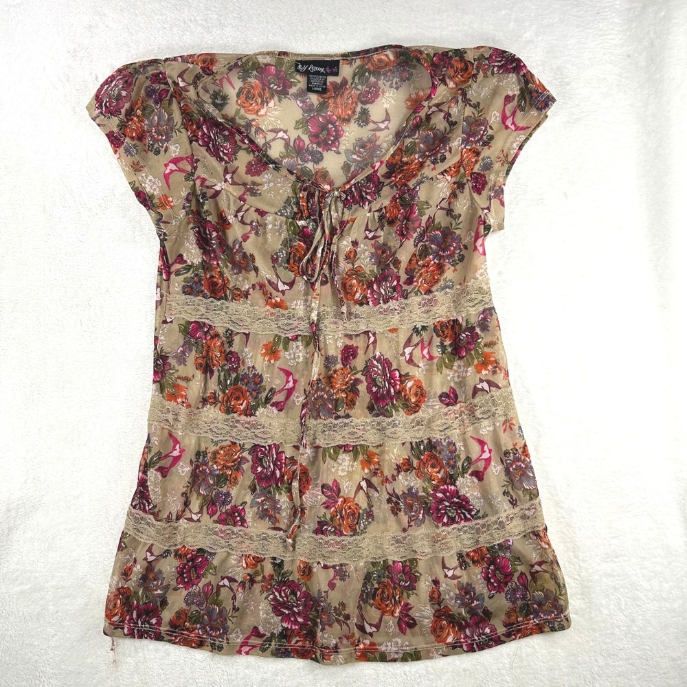 Self Esteem Whimsigoth Lace Tiered Tunic Top Fairycore Boho Vintage Style L